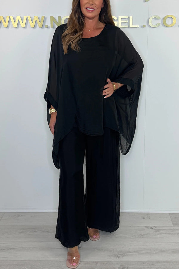 Color Round Neck Loose Bat Sleeve Top and Elastic Waist Wide Leg Pants Set