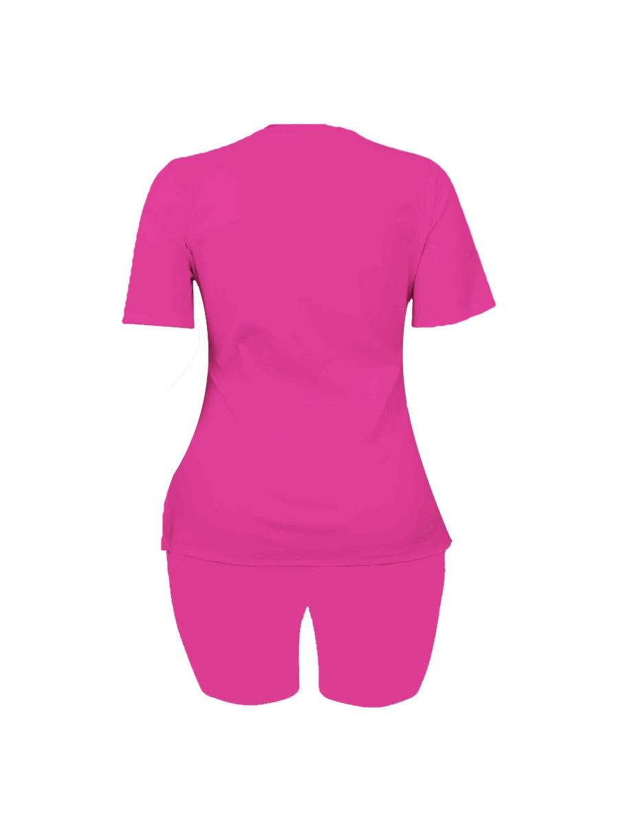 Pink Letter Print Shorts Set Summer Round Neck Skinny 2pcs Two Pieces Shorts Set Daily Outfit