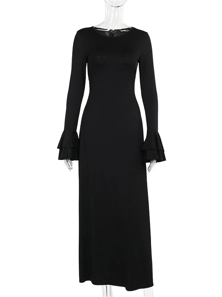 Ruffled Lace-up Long Dress Female Slim Long Sleeve High Waist Party Dress Autumn Maxi Dress