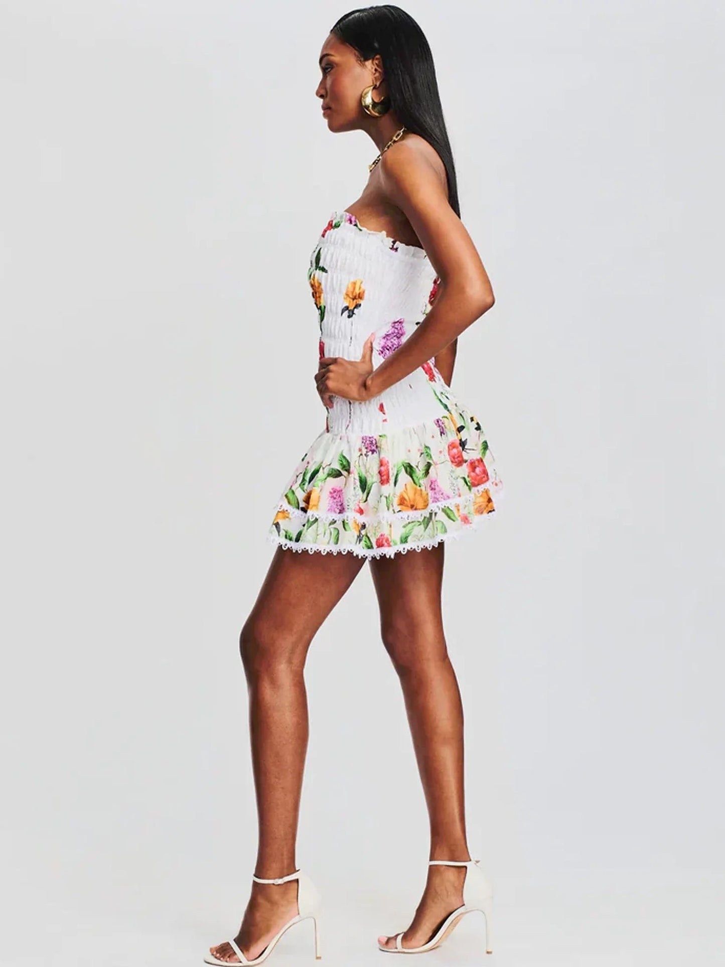 Ruched Stretch Bustier Lace-trim Mini Dress