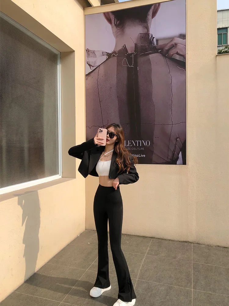 Shark Flared Pants Black Elastic Slim High Waist Horseshoe Pants Micro Flare Trousers