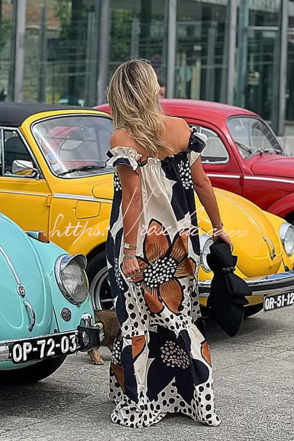 Bloom Season Linen Blend Printed Off Shoulder Pocketed A-line Maxi Dress