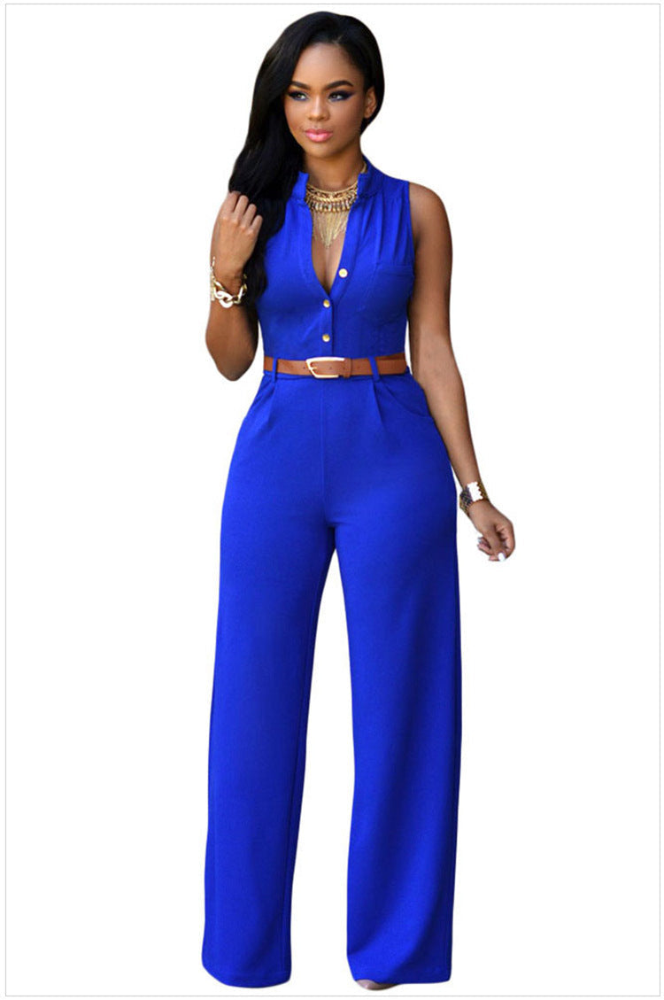 Clothing Single Breasted High Waist With Belt Wide Leg Pants Jumpsuit