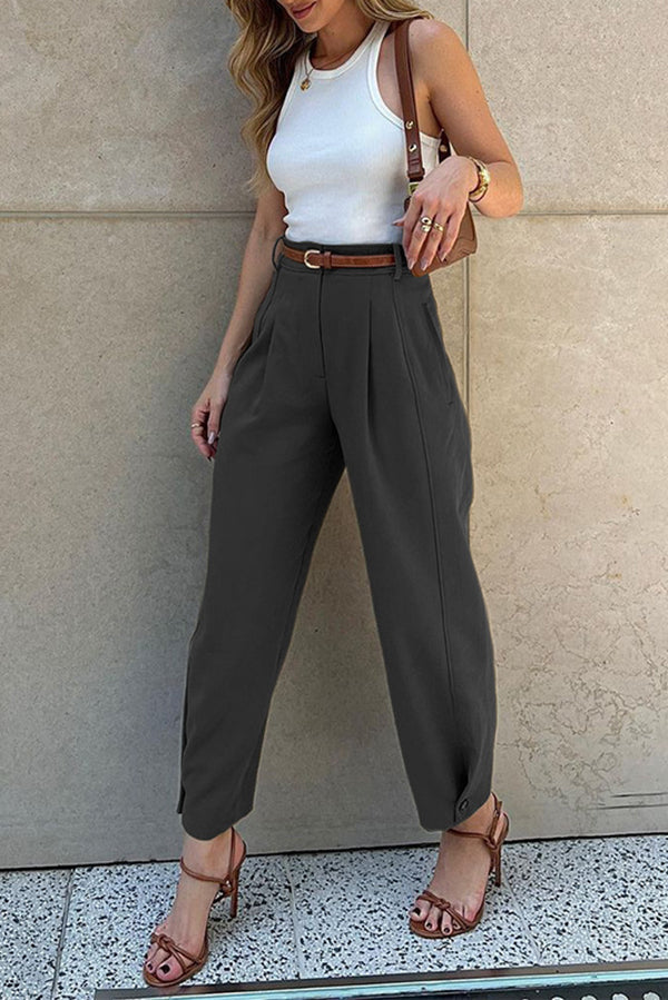 Color High-waisted Belted Loose-fitting Suit Pants