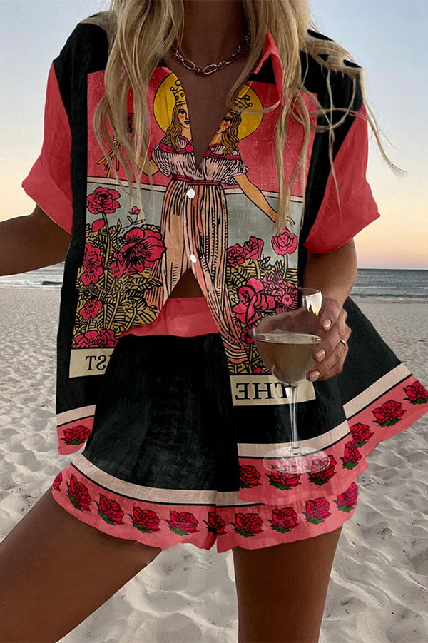 Tarot Print Loose Button Elastic Waist Shorts Set