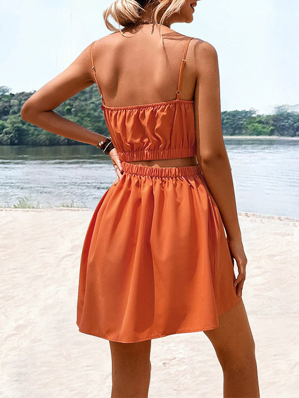 A-line Loose Elasticity Hollow Color Split-joint Spaghetti-neck Mini Dresses