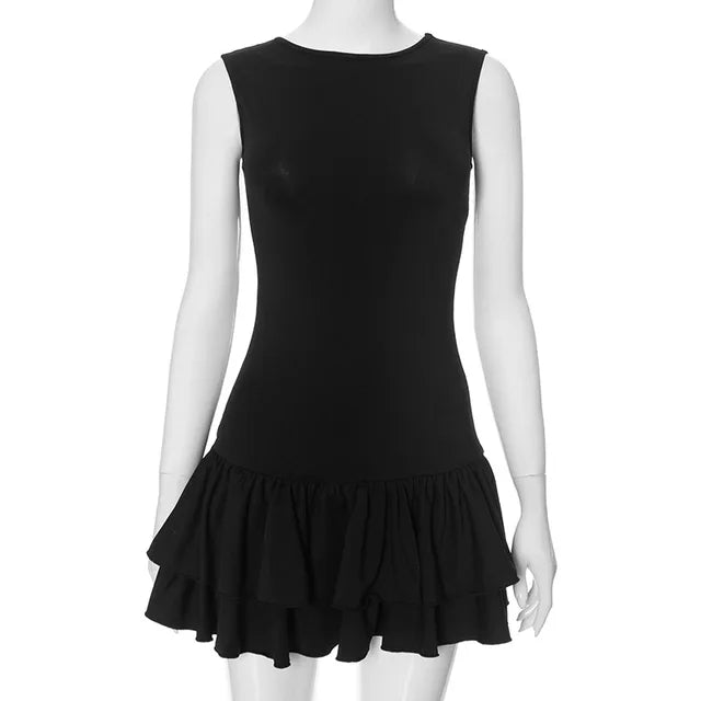 Ruffles Splice Vest Mini Dress for Sleeveless Slim Fit Color Hot Girl Club Party Dress Female