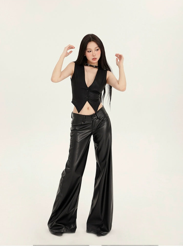 Black Wide-leg Leather Pants