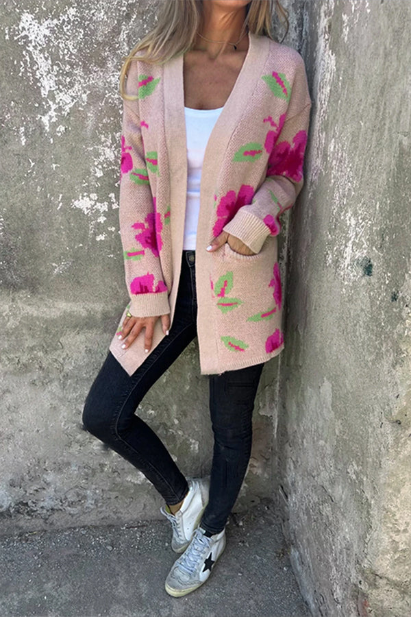 Apricot Powder Print Pocketed Open Front Cardigan