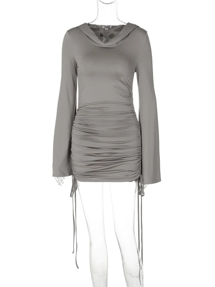 White Hoodie Mini Dress ’s Pleated Slim Long Sleeve Drawstring High Waist Party Dress Female Autumn Dress