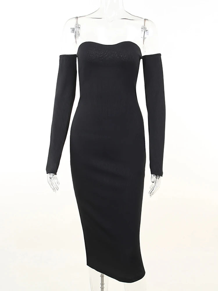 Off Shoulder Knitted Dress Autumn Long Sleeve Strapless Bodycon Maxi Dresses Evening Party Vestidos Female
