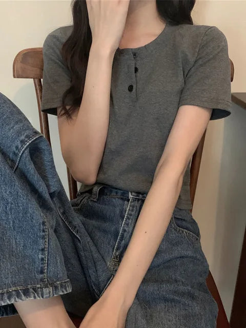 T-shirt Open Button Short Sleeve Crop Top Clothing Basic T Shirt Skinny White Slim Female Tops