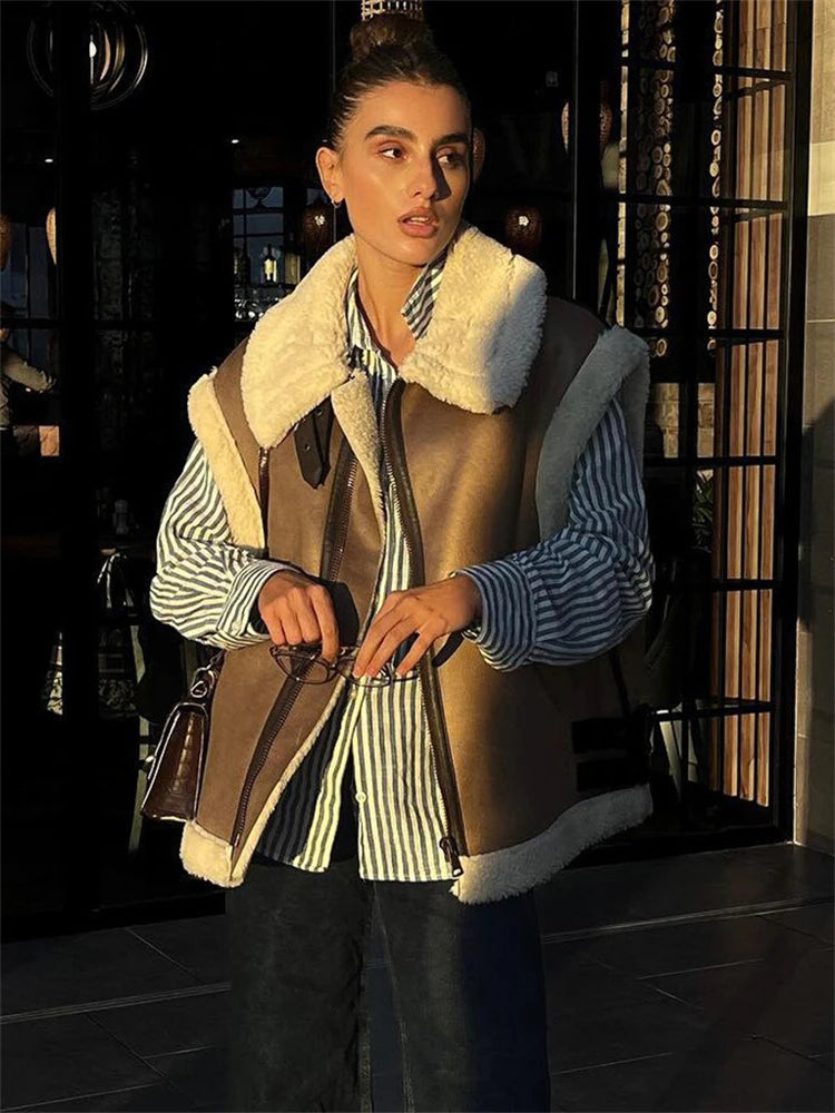 Suede Leather Thick Fleece Jacket Autumn Winter Splice Sleeveless Faux Shearling Jackets Vest Y2k Cardigans Coats