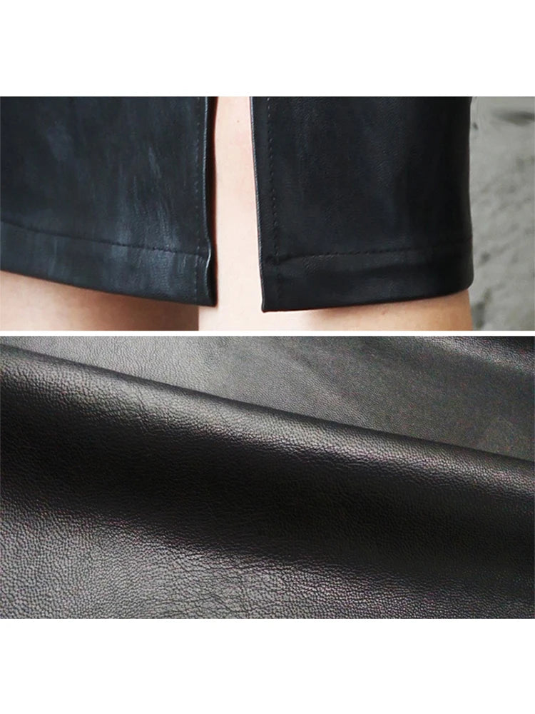 Pu Leather Midi Skirt Autumn Winter Package Hip Front or Back Slit Pencil Skirt