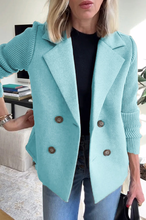 Lapel Button Knitted Sleeve Coat With Two Side Pockets