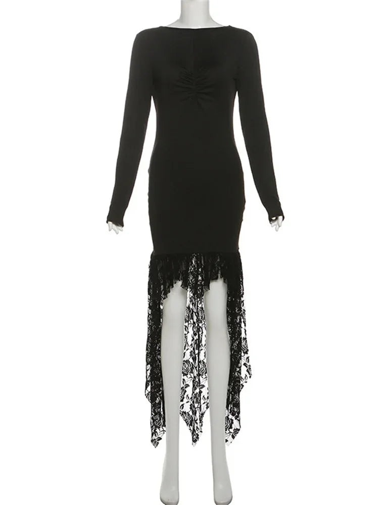 Lace Patchwork Mini Dress ’s Off-shoulder Long Sleeve High Waist Pleated Party Dress Female Mini Dress
