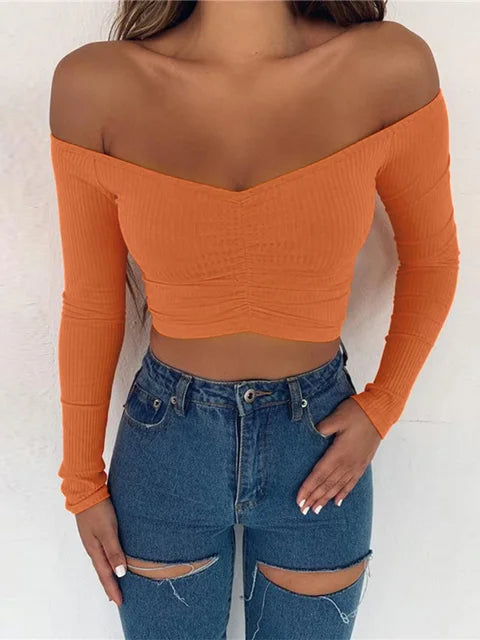 T-shirts and Club Female T-shirt Long Sleeve Off Shoulder Color Lady Tshirt Autumn Basic Tees