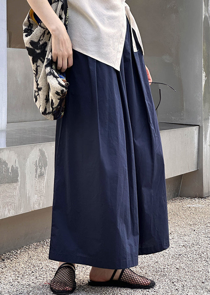 New Navy Pockets Elastic Waist Cotton Crop Pants Summer Af1077