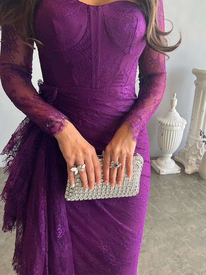 Long Sleeves Mermaid Mesh See-through Split-side Square-neck Evening Dresses Maxi Dresses