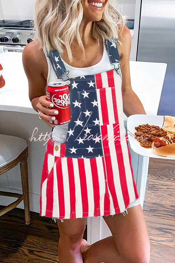 Independence Day American Flag Print Pocket Denim Strap Mini Dress