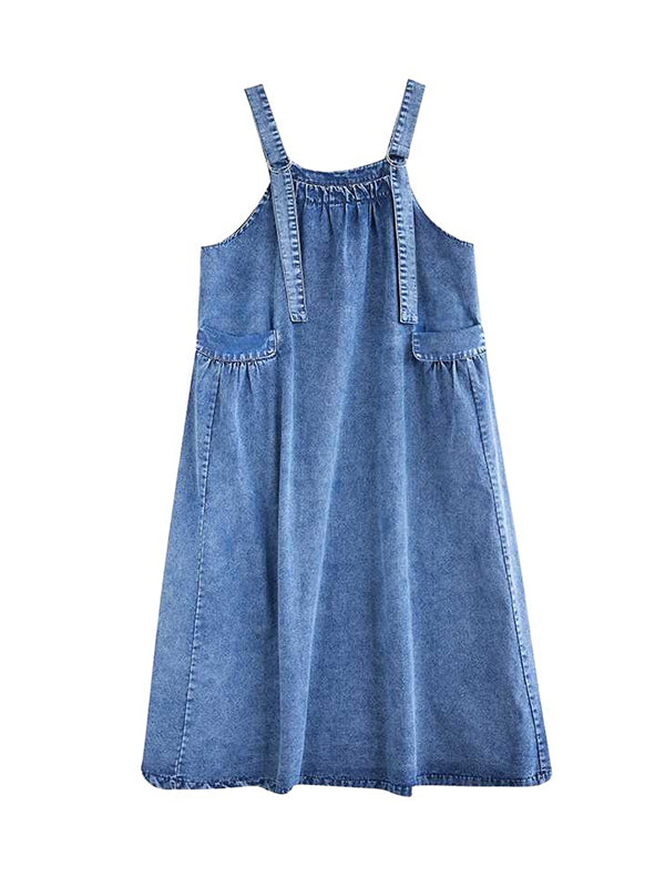 A-line Loose Pleated Pockets Split-joint Spaghetti-neck Maxi Dresses Suspender Dress