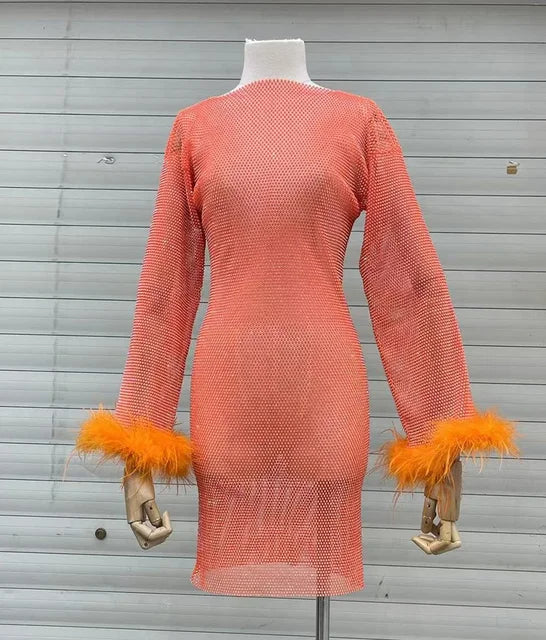 Weave Shiny Rhinestone Mini Dress See Through Cover-up Dresses Loose Club Dress