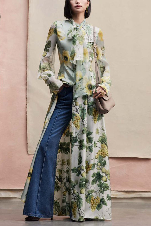 Print Tie Neck Balloon Sleeves Maxi Dress