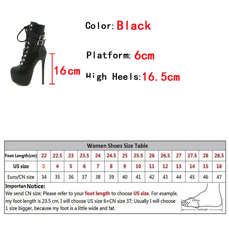 Liyke Buckle Strap Extreme High Heels Platform Boots – Round Toe Cross Lace Up Party Club Stripper Shoes