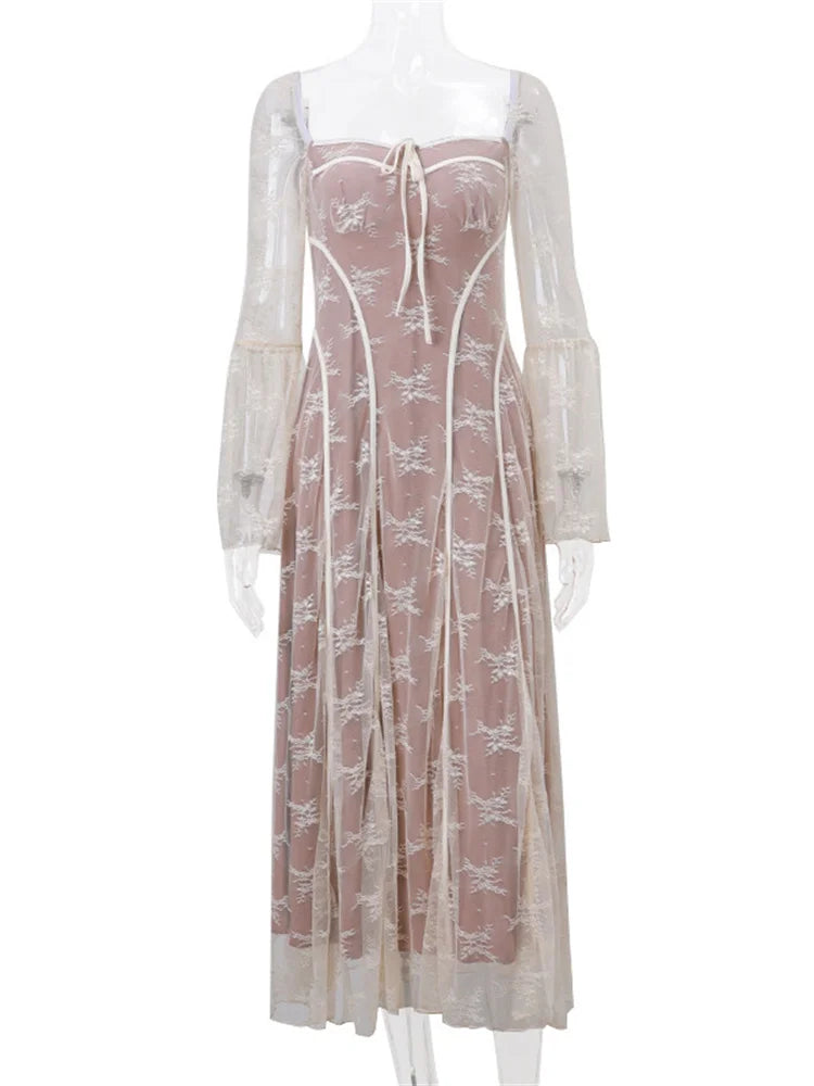 See-through Lace-up Lace Dress for Backless Slim Patchwork Printed Long Dress Bandage Party Dress