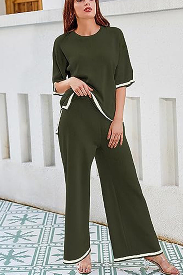 Lounge or Wear Knit Patchwork Color Block Short Sleeve Top and Elastic Wide Leg Pants