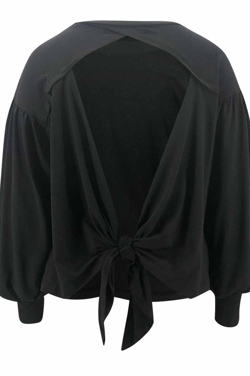 Lantern Sleeve Cutout Open Back Tie Detail Blouse