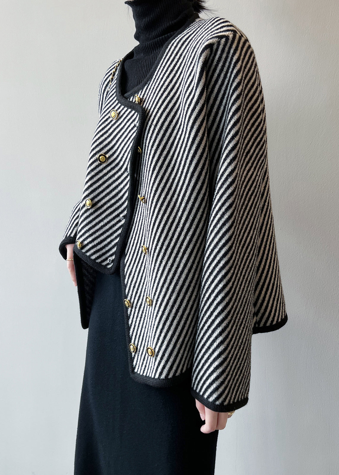 Italian Asymmetrical Striped Double Breast Cotton Coats Fall Af1054