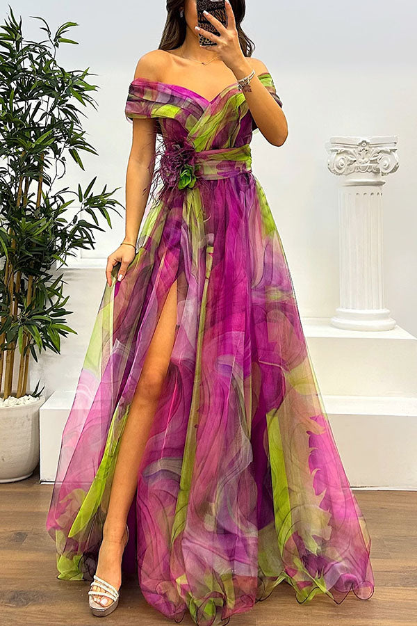 Jinnie Tulle Feather Pendant Pleated Off Shoulder Slit Maxi Dress