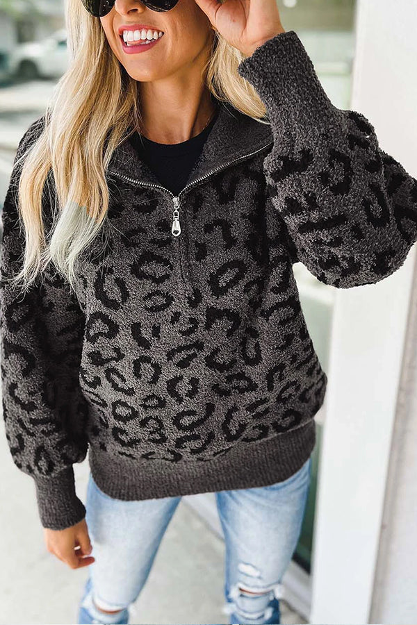 Animal Print Zipped Collared Sweater