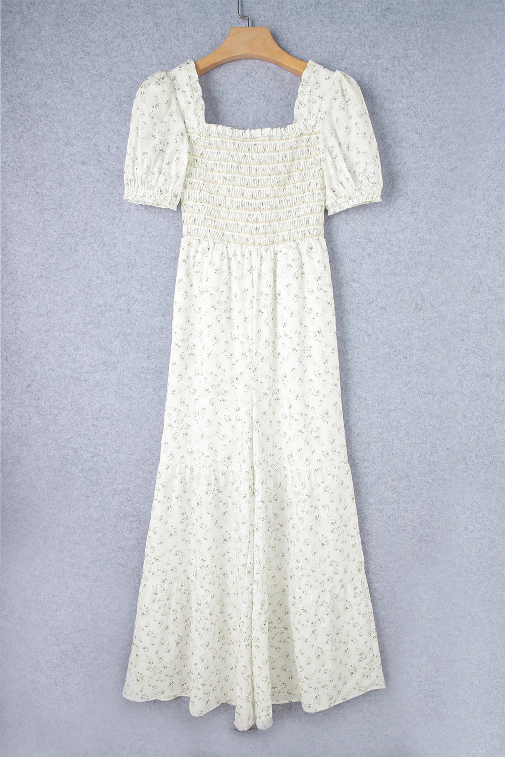 White Ditsy Smocked Puff Sleeve High Waist Jumpsuit