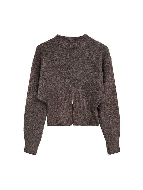 Grey Mock Neck Zip-up Hem Long Sleeve Sweater An1072