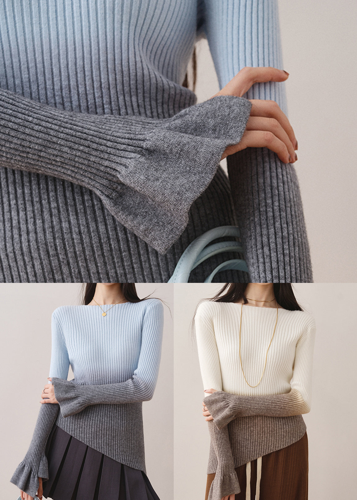 White Gradient Slash Neck Slim Knit Sweaters Fall Ws018