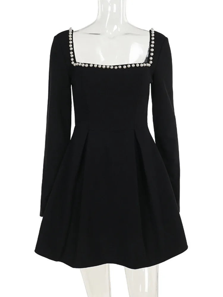 Pearl Square Collar Long Sleeve Mini Dress for Robe Backless A-line Dress Autumn Fall Dresses
