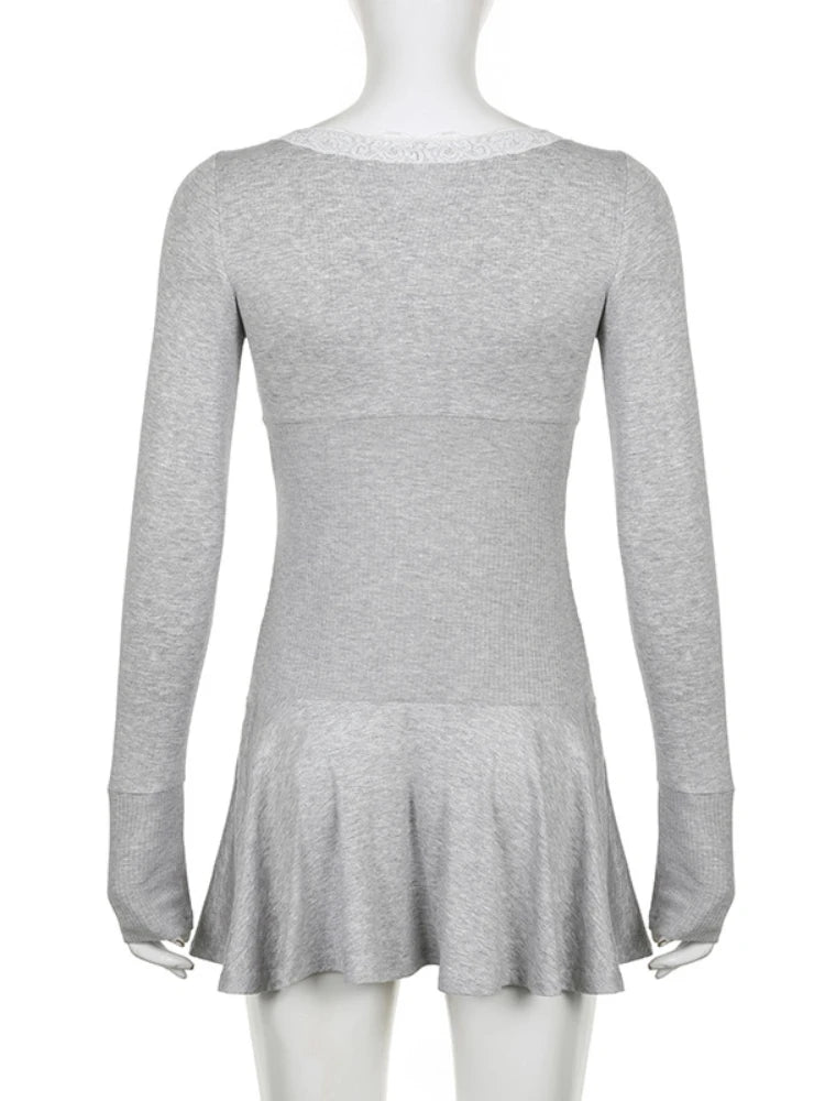 Knitted Mini Dress for Rib High Waist Splice Lace Dresses Femme Slim Folds Dress Woman Autumn