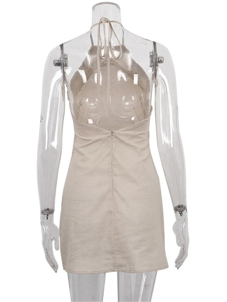 Female Backless Mini Dress Lace-up Basic Hanging Neck Patchwork Off-shoulder Dress Dress