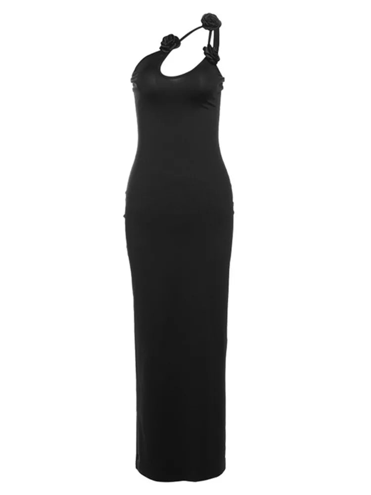 Sleeveless Irregular Bodycon Evening Dress Fall New Flower Ornament Shoulder Vestido Long Dress