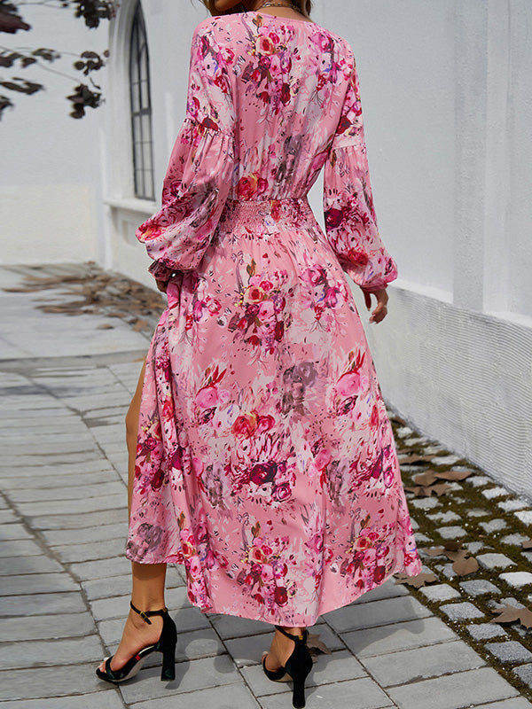 A-line High Waisted Elasticity Flower Print No Belt Split-side V-neck Maxi Dresses