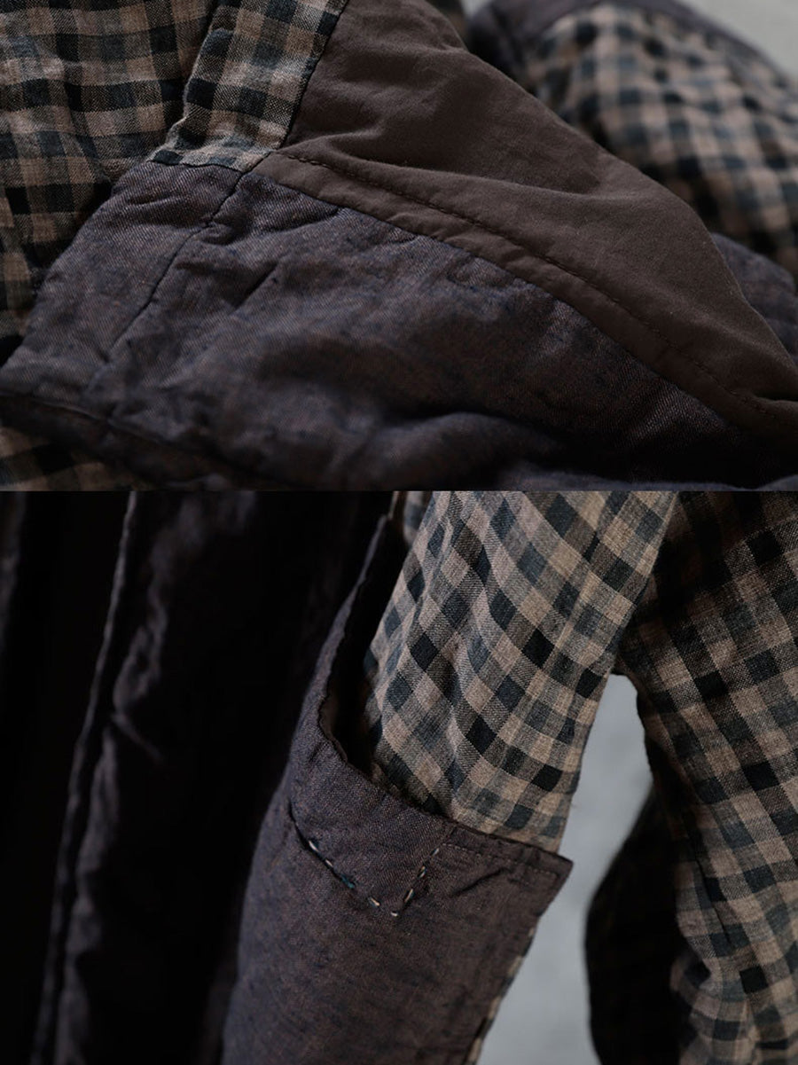 Autumn Plaid Colorblock 100%linen Hooded Coat Ah1083