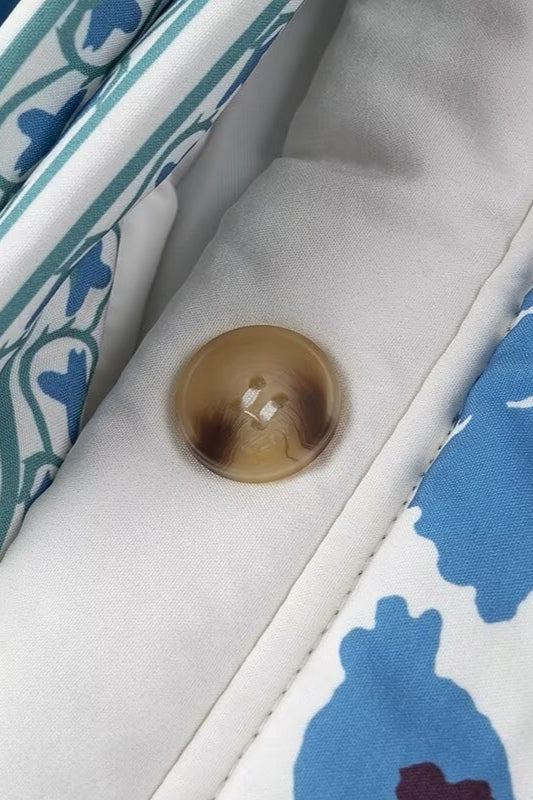 Print Tie Waist Cotton Puffer Coat