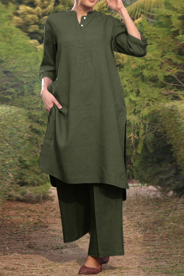 Cotton and Linen V-neck 3\/4 Sleeve Wide Brimmed Pants 2-piece Set