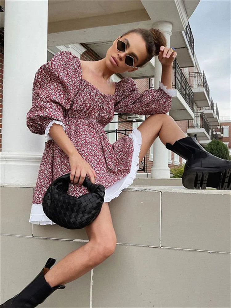 Printed Off-shoulder Ruffled Mini Dress for Square Collar Party Dress Evening Mini Dress
