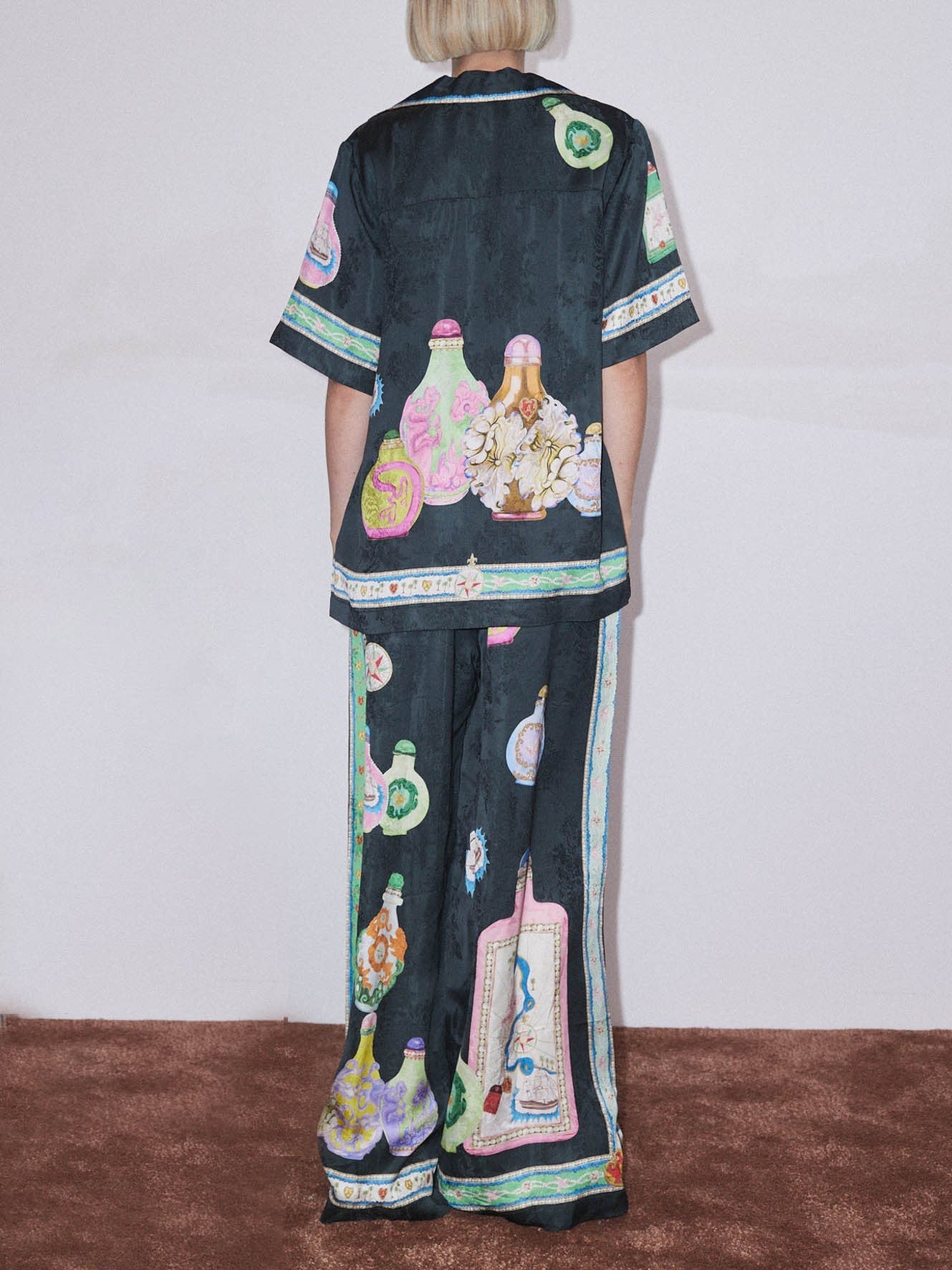 Satin Unique Fun Print Pocket Wide-leg Pants