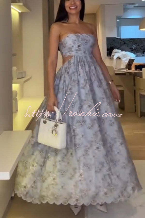 Coralie Print Wavy Trim Cutout Back Smocked Maxi Dress