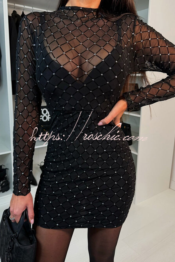 Language Mesh Glitter Fabric Long Sleeve Stretch Mini Dress