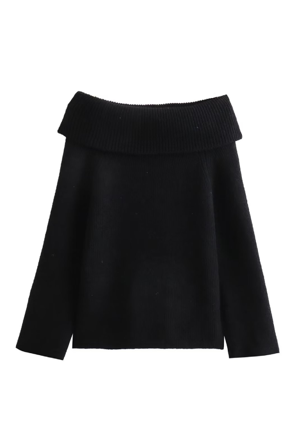 Slim Fit Color Pullover Sweater With Off-shoulder Neckline